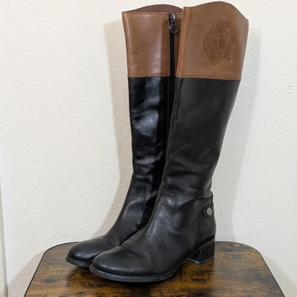 Franco Sarto Tall Riding Boots Black‎ Brown Leather Crest Detail Women US 8
